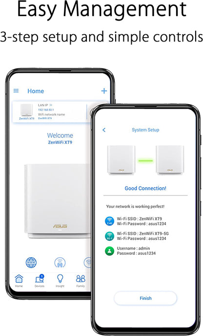 ASUS ZenWiFi XT9 AX7800 Tri-Band WiFi6 Mesh WiFiSystem (2Pack), 802.11ax, up to 5700 sq ft &amp; 6+ Rooms, AiMesh, Lifetime Free Internet Security, Parental Controls, 2.5G WAN Port, UNII 4, White