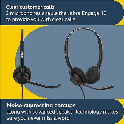 Jabra Engage 40 Wired Stereo Headset with Inline Call Control - Noise-Cancelling 2-Mic Technology, Ultra-Lightweight Design and USB-C Cable - MS Teams Certified, Works With All Other Platforms - Black Stereo w/ Link MS Teams (USB-C)