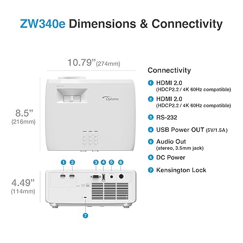 Optoma ZW340e Compact Long Throw Laser Office and Classroom Projector, 1280x800 WXGA Resolution, Bright 3,600 Lumens ZW340e (Current Model, Long Throw, WXGA, 3600 Lumens, HDMI)