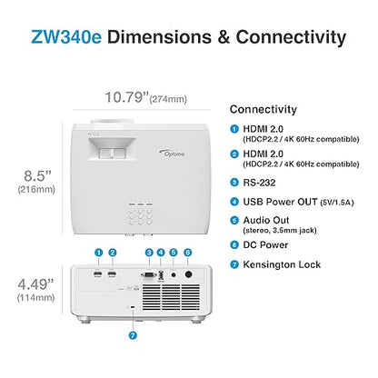 Optoma ZW340e Compact Long Throw Laser Office and Classroom Projector, 1280x800 WXGA Resolution, Bright 3,600 Lumens ZW340e (Current Model, Long Throw, WXGA, 3600 Lumens, HDMI)