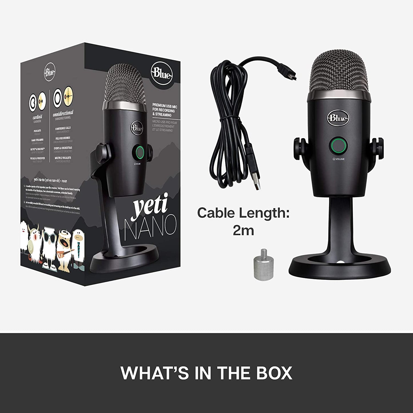 Blue microphones Blue Yeti Nano Premium USB Microphone for Recording, Streaming, Gaming, Podcasting on PC and Mac, Condenser Mic with Blue VO!CE Effects, Cardioid and Omni, No-Latency Monitoring - Blackout Blackout Microphone