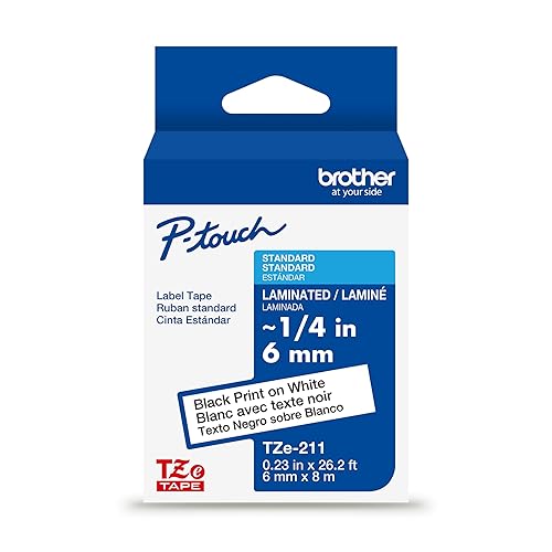Brother Genuine TZe-211 Black on White Laminated Tape for TZe-Compatible P-Touch Label Makers, 6 mm Wide x 8 m Long