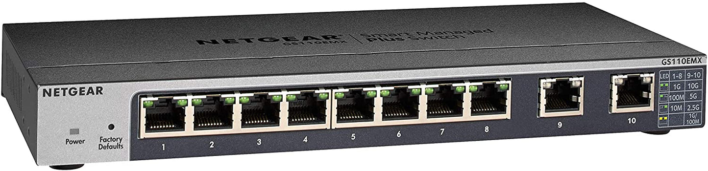 NETGEAR 10-Port Gigabit/10G Ethernet Plus Switch (GS110EMX) - Managed, with 8 x 1G, 2 x 10G/Multi-gig, Desktop, Wall or Rackmount, and Limited Lifetime Protection