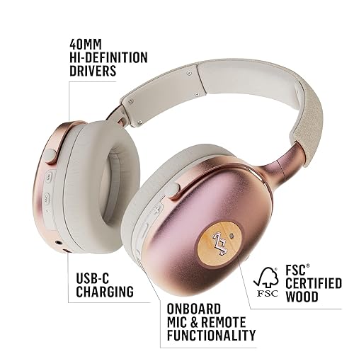 House of Marley Positive Vibration XL ANC: Noise Cancelling Over-Ear Headphones with Microphone, Wireless Bluetooth Connectivity, and 26 Hours of Playtim, Copper