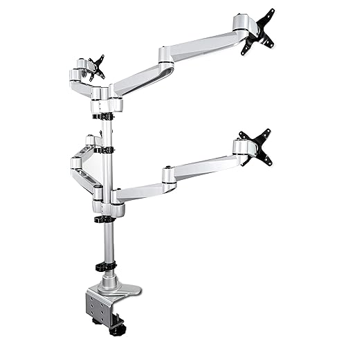 StarTech.com Desk Mount Quad Monitor Arm Premium Articulating VESA 4 Monitor Mount 2x2 up to 27 Ergonomic Height Adjustable Pole Mount - Tilt/Swivel/Rotate - C-Clamp/Grommet - Silver (ARMQUADPS) Desk & Grommet Clamp Silver