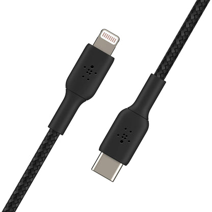 Belkin Braided Lightning Cable 6.5ft/2m, Black (CAA002bt2MBK) &amp; Braided USB C to Lightning Cable MFi Certified iPhone Fast Charger Type C 6.6FT/2M (Black) Black 6.6 FT Braided Cable + USB C Lightning Cable