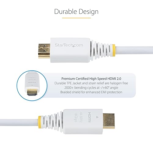 StarTech.com 10ft (3m) Premium Certified High Speed HDMI Cable, 4K 60Hz/1440p 144Hz, 18Gbps, UHD HDMI 2.0 Cord, TPE Jacket, White 10 ft/3 m White