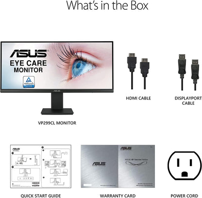 ASUS 29” 1080P Ultrawide HDR Monitor (VP299CL) - 21:9 (2560 x 1080), IPS, 75Hz, 1ms, USB-C w/ 15W Power Delivery, FreeSync, Eye Care Plus, HDR-10, VESA Mountable, HDMI, DisplayPort, Height Adjustable 29” IPS 1ms FHD 21:9 HDR USB-C Power Delivery Monitor