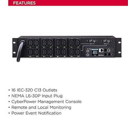 CyberPower PDU81007 Switched Metered-By-Outlet PDU, 200-240V/30A, 16 Outlets, 2U Rackmount