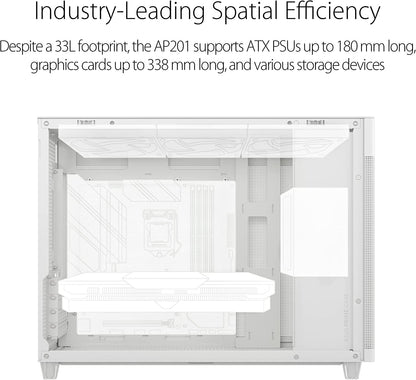 ASUS Prime AP201 33-Liter MicroATX White case with Tool-Free Side Panels and a Quasi-Filter mesh, with Support for 360 mm Coolers, Graphics Cards up to 338 mm Long, and Standard ATX PSUs