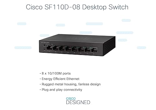 CISCO DESIGNED SF110D-08 Desktop Switch with 8 Ports 10/100 Desktop, Limited Lifetime Protection (SF110D-08-NA), Black