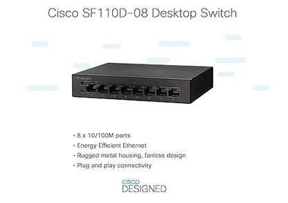 CISCO DESIGNED SF110D-08 Desktop Switch with 8 Ports 10/100 Desktop, Limited Lifetime Protection (SF110D-08-NA), Black