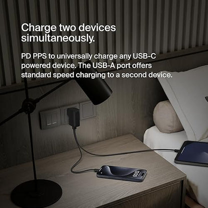 Belkin BoostCharge Hybrid Wall Charger 25W + Power Bank 5K, 2-in-1 Portable Charger, Portable Battery Charger w/USB-C Port & USB-A Port - Travel-Friendly, Dual-Port Charging Device - Black 2-1 Charger