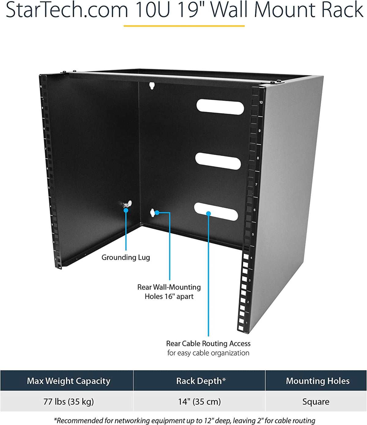 StarTech.com 10U Wall Mount Network Rack, 14 in Deep (Low Profile), 19" Patch Panel Bracket for Shallow Server, IT Equipment, Network Switches, 77lbs/35kg Weight Capacity, Black (RACK-10U-14-BRACKET) 10U Panel Bracket
