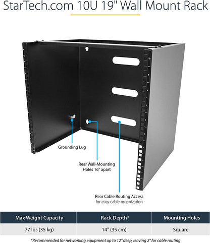 StarTech.com 10U Wall Mount Network Rack, 14 in Deep (Low Profile), 19" Patch Panel Bracket for Shallow Server, IT Equipment, Network Switches, 77lbs/35kg Weight Capacity, Black (RACK-10U-14-BRACKET) 10U Panel Bracket