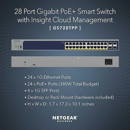 NETGEAR 28-Port PoE Gigabit Ethernet Smart Switch (GS728TPP) - Managed, Optional Insight Cloud Management, 24 x PoE+ @ 380W, 4 x 1G SFP, Desktop or Rackmount, and Limited Lifetime Protection