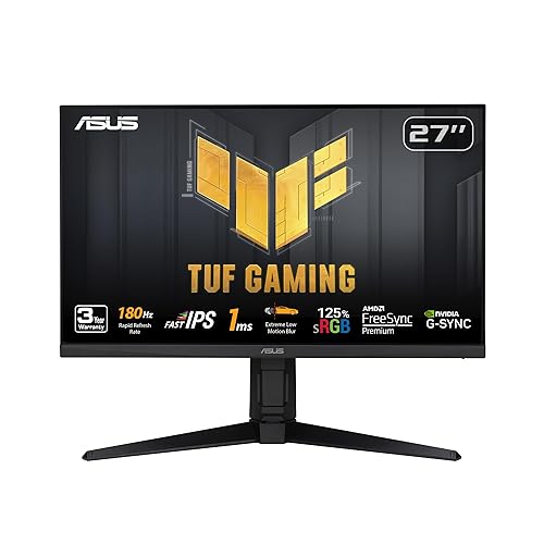 ASUS TUF Gaming 27” 1080P Monitor (VG279QL3A) - Full HD, 180Hz, 1ms, Fast IPS, Extreme Low Motion Blur, FreeSync Premium, G-SYNC Compatible, Speakers, DisplayPort, Height Adjustable, 3 Year Warranty 27 Fast IPS 180Hz G-SYNC Height Adjustable