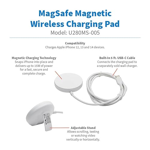 Eaton Tripp Lite Series Wireless Charger Pad, 15W Magnetic Phone Charging Pad, MagSafe MFi Charging for Apple iPhone iPad & AirPods, 5ft Cable, White, 1-Year Warranty (U280MS-005) Charging Pad Apple / White