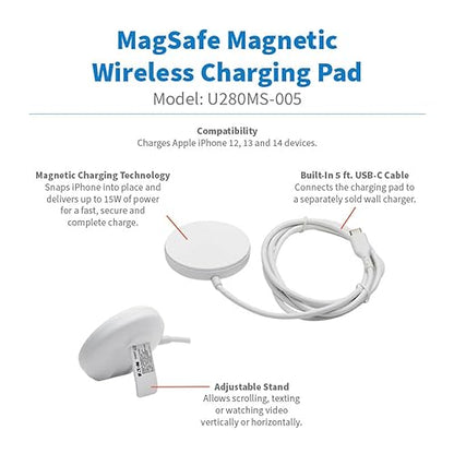 Eaton Tripp Lite Series Wireless Charger Pad, 15W Magnetic Phone Charging Pad, MagSafe MFi Charging for Apple iPhone iPad & AirPods, 5ft Cable, White, 1-Year Warranty (U280MS-005) Charging Pad Apple / White