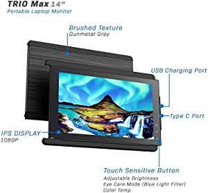 Mobile Pixels Trio Max Portable Monitor, 14'' Full HD IPS Dual Triple Monitor for laptops, USB C/USB A Portable Screen,Windows/Mac/OS/Android/Switch Compatible (1x Monitor Only) Trio Max 14.1" (2023)