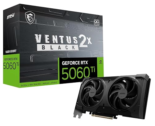 msi Gaming RTX 5060 Ti 16G Ventus 2X OC Black Plus Graphics Card (16GB GDDR7, 128-bit, Extreme Performance: 2617 MHz, DisplayPort x 3 2.1a, HDMI 2.1b, NVIDIA Blackwell Architecture)