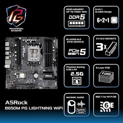 ASRock B650M PG Lightning WiFi 6E AMD Ryzen Socket AM5 B650 DDR5 7200 MHz 256 GB SATA3 6.0 Gb/s Micro ATX Motherboard M.2 RGB LED Micro ATX PG Lighting WiFi