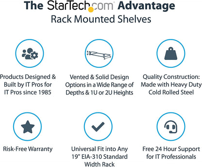 StarTech.com 2U Server Rack Shelf - Universal Rack Mount Cantilever Shelf for 19" Network Equipment Rack &amp; Cabinet - Heavy Duty Steel Weight Capacity 50lb/23kg - 22" Deep Tray, Black (CABSHELF22) 22" Depth 22" Depth
