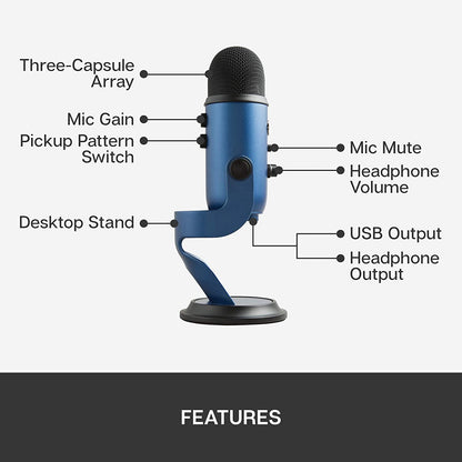 Blue microphones Blue Yeti USB Microphone for Recording, Streaming, Gaming, Podcasting on PC and Mac, Condenser Mic for Laptop or Computer with Blue VO!CE Effects, Adjustable Stand, Plug and Play – Midnight Blue