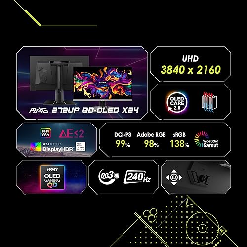 MSI MAG 272UP QD-OLED X24 26.5-inch 3840 x 2160 (UHD) Gaming Monitor, 240Hz, AMD Adaptive-Sync, HDR Ready, HDMI, VGA Port,VESA Mountable, Tilt, 4-Side Slim Bezel, 0.03ms, Black