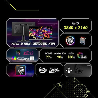 MSI MAG 272UP QD-OLED X24 26.5-inch 3840 x 2160 (UHD) Gaming Monitor, 240Hz, AMD Adaptive-Sync, HDR Ready, HDMI, VGA Port,VESA Mountable, Tilt, 4-Side Slim Bezel, 0.03ms, Black