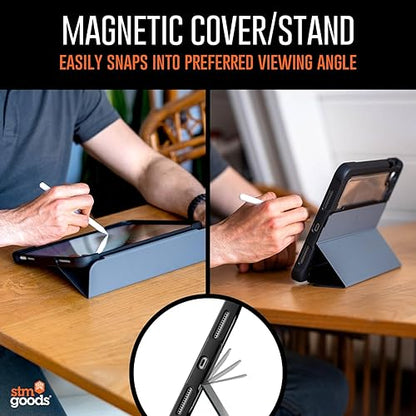 STM Dux Ultra Case for iPad A16/10th Gen – Rugged MIL-SPEC Drop Protection, Snap Magnetic Stand, Pencil & Crayon Storage, Clear Back, Auto Sleep/Wake, COM – Black