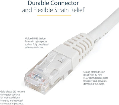 StarTech.com 75ft CAT6 Ethernet Cable - White CAT 6 Gigabit Ethernet Wire -650MHz 100W PoE++ RJ45 UTP Molded Category 6 Network/Patch Cord w/Strain Relief/Fluke Tested UL/TIA Certified (C6PATCH7WH) White 7 ft / 2.1 m 1 Pack
