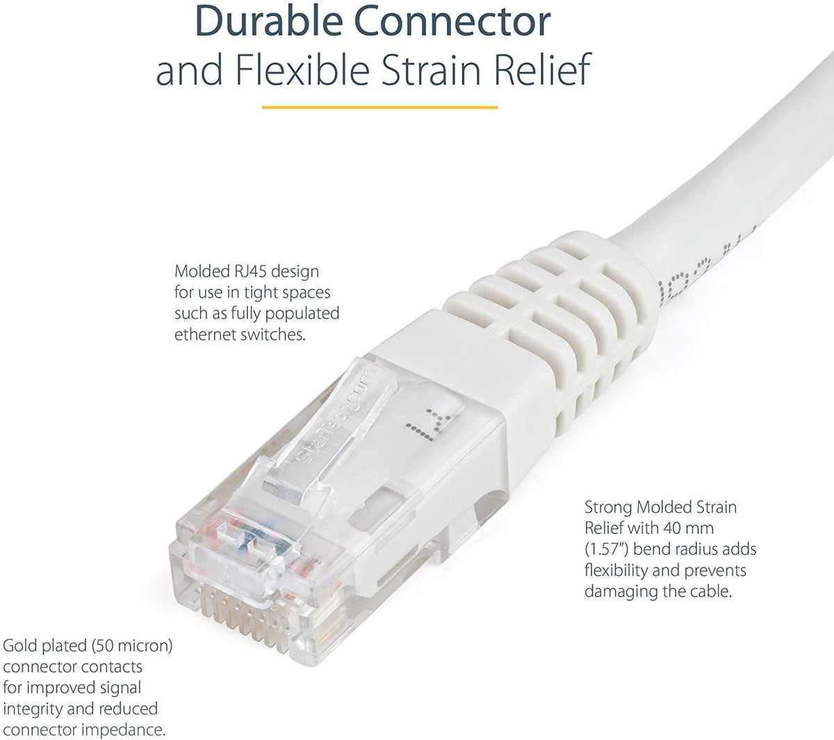 StarTech.com 2ft CAT6 Ethernet Cable - White CAT 6 Gigabit Ethernet Wire -650MHz 100W PoE++ RJ45 UTP Molded Category 6 Network/Patch Cord w/Strain Relief/Fluke Tested UL/TIA Certified (C6PATCH2WH) White 2 ft / 0.6 m 1 Pack