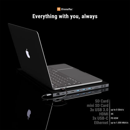 XtremeMac Sleeve - Portable MacBook Pro 13 Sleeve with Integrated USB C hub, 9 Connections - high-end multiport Adapter with 1x Ethernet, 3X USB 3.0, 2X USB-C, 1x 4K HDMI, SD / TF Card Reader