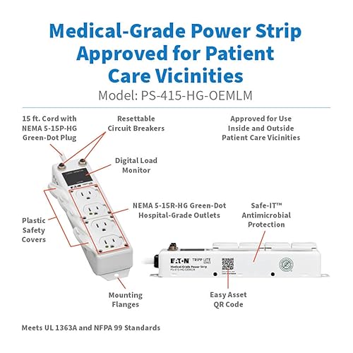 Tripp Lite Eaton Medical Hospital Power Strip for Patient Care Vicinity, UL 1363A Certified, 4 Outlets + 15ft Cord, Cart & IV Pole Mount Option, Lifetime Manufacturer's Warranty (PS-415-HG-OEMLM) 4 Outlets / 15 Foot Cord