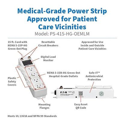 Tripp Lite Eaton Medical Hospital Power Strip for Patient Care Vicinity, UL 1363A Certified, 4 Outlets + 15ft Cord, Cart & IV Pole Mount Option, Lifetime Manufacturer's Warranty (PS-415-HG-OEMLM) 4 Outlets / 15 Foot Cord