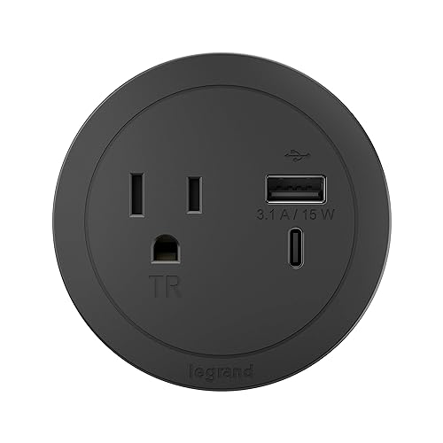 Round Power Strip by Wiremold, Power Strip with USB, Under Desk Power Strip, Mountable Power Strip, Furniture Power Outlet, 15 Amp, 1 Outlet, Type A/C USB, Black, 10 Feet