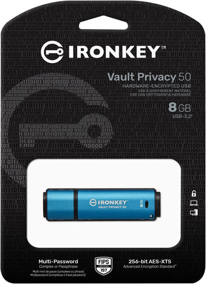 Kingston IronKey Vault Privacy 50 8GB Encrypted USB | FIPS 197 | AES-256bit | BadUSB Attack Protection | Multi-Password Options | IKVP50/8GB