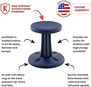 Kore design Kore Kids Preschool Wobble Chair - Flexible Seating Stool for Classroom, Preschool, Kindergarten &amp; Elementary School - Made in The USA - Age 4-5 yrs, Dark Blue (12in) Dark Blue Preschool (12in Tall)