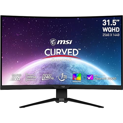 MSI MAG325CQRXF, 32 Rapid VA Gaming Monitor, 2560 x 1440 (QHD) Curved Gaming Monitor, 1 ms, 240Hz, FreeSync, HDR400, 1000R, HDMI, DisplayPort, Tilt and Height Adjustable.,Black