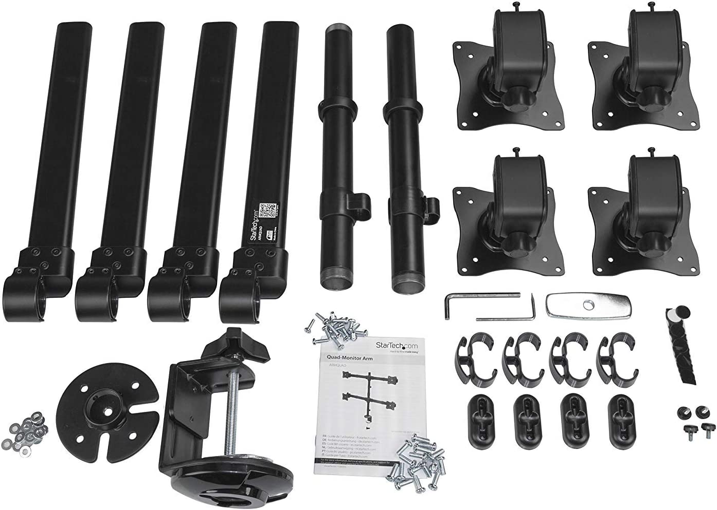 StarTech.com Desk Mount Quad Monitor Arm - Ergonomic VESA 4 Monitor Mount 2x2 up to 27" - Articulating &amp; Height Adjustable Pole Mount - Tilt/Swivel/Rotate LCD/LED Screen - Clamp/Grommet (ARMQUAD) Desk &amp; Grommet Clamp Black