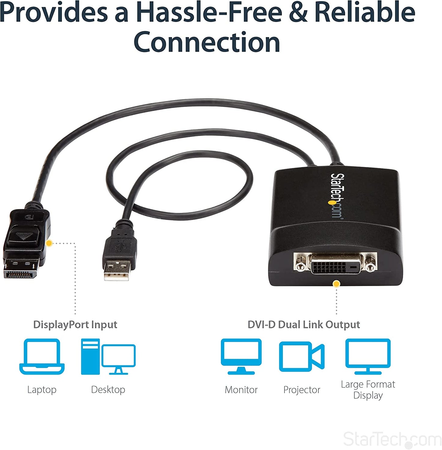 StarTech.com DisplayPort to DVI Dual Link Active Adapter - DisplayPort to DVI-D Adapter Video Converter 2560x1600 60Hz - DP 1.2 to DVI Monitor - USB Powered - Latching DP Connector (DP2DVID2)
