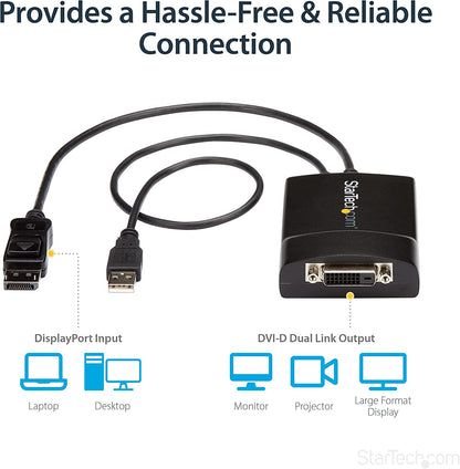 StarTech.com DisplayPort to DVI Dual Link Active Adapter - DisplayPort to DVI-D Adapter Video Converter 2560x1600 60Hz - DP 1.2 to DVI Monitor - USB Powered - Latching DP Connector (DP2DVID2)
