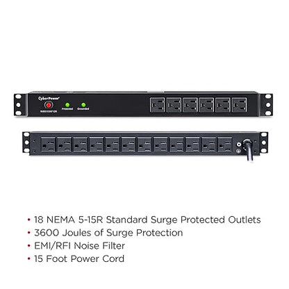 CyberPower RKBS15S6F12R Rackbar Surge Protector, 120V/15A, 18 Outlets, 15 Foot Power Cord, 1U Rackmount