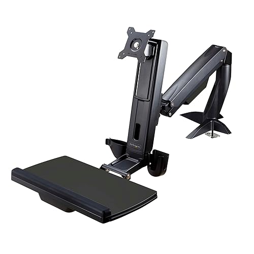 StarTech.com Sit Stand Monitor Arm - Desk Mount Adjustable Sit-Stand Workstation Arm for Single 27" VESA Mount Display - Ergonomic Articulating Standing Desk Converter with Keyboard Tray (ARMSTSCP1) Desk Mount – Spring Arm Black