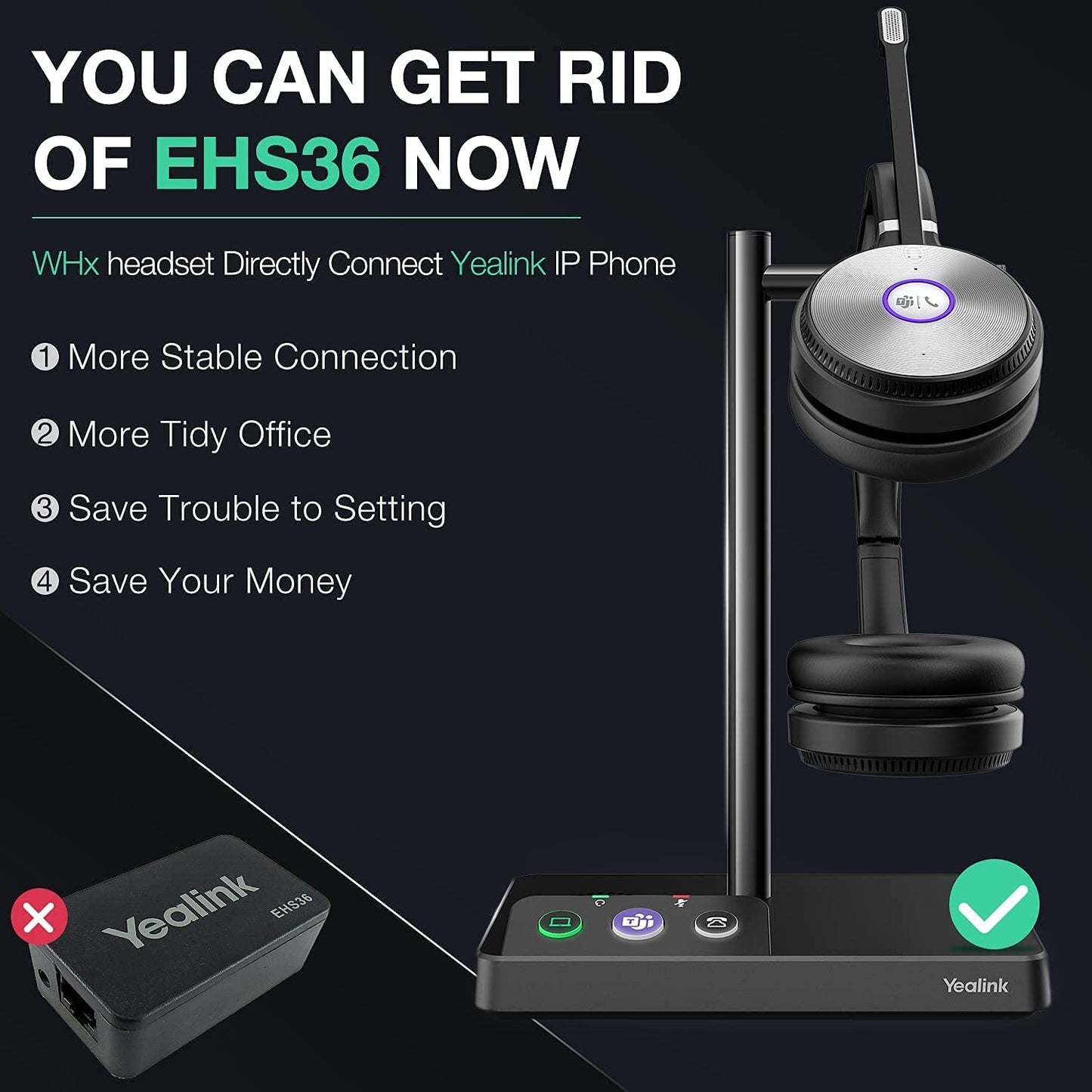 Yealink WH62 Dual Teams Wireless Noise Canceling Headset - Connects and Works with USB Enabled Deskphones, Computers and Softphones. Headset Includes a 500ft Wireless Range + Intelligent Mute Yealink WH62 Dual Teams Certified