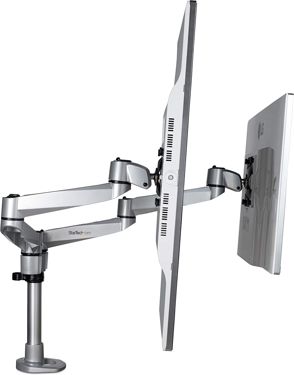 StarTech.com Desk Mount Dual Monitor Arm - Premium Articulating Monitor Arm - up to 27 VESA Mount Displays - Height Adjustable Monitor Mount - Rotate/Tilt/Swivel - Clamp/Grommet - Silver (ARMDUALPS)