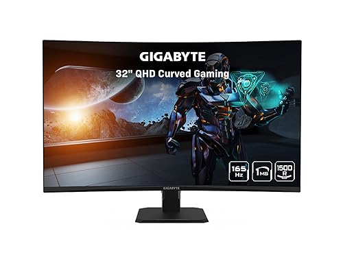 GIGABYTE GS32QC 31.5 165Hz 1440P Curved Gaming Monitor, 2560x1440 VA 1500R Display, 1ms (MPRT) Response Time, HDR Ready, 1x Display Port 1.4, 2X HDMI 2.0,Black QHD | 165Hz 1ms | 31.5 | No Height Adj.