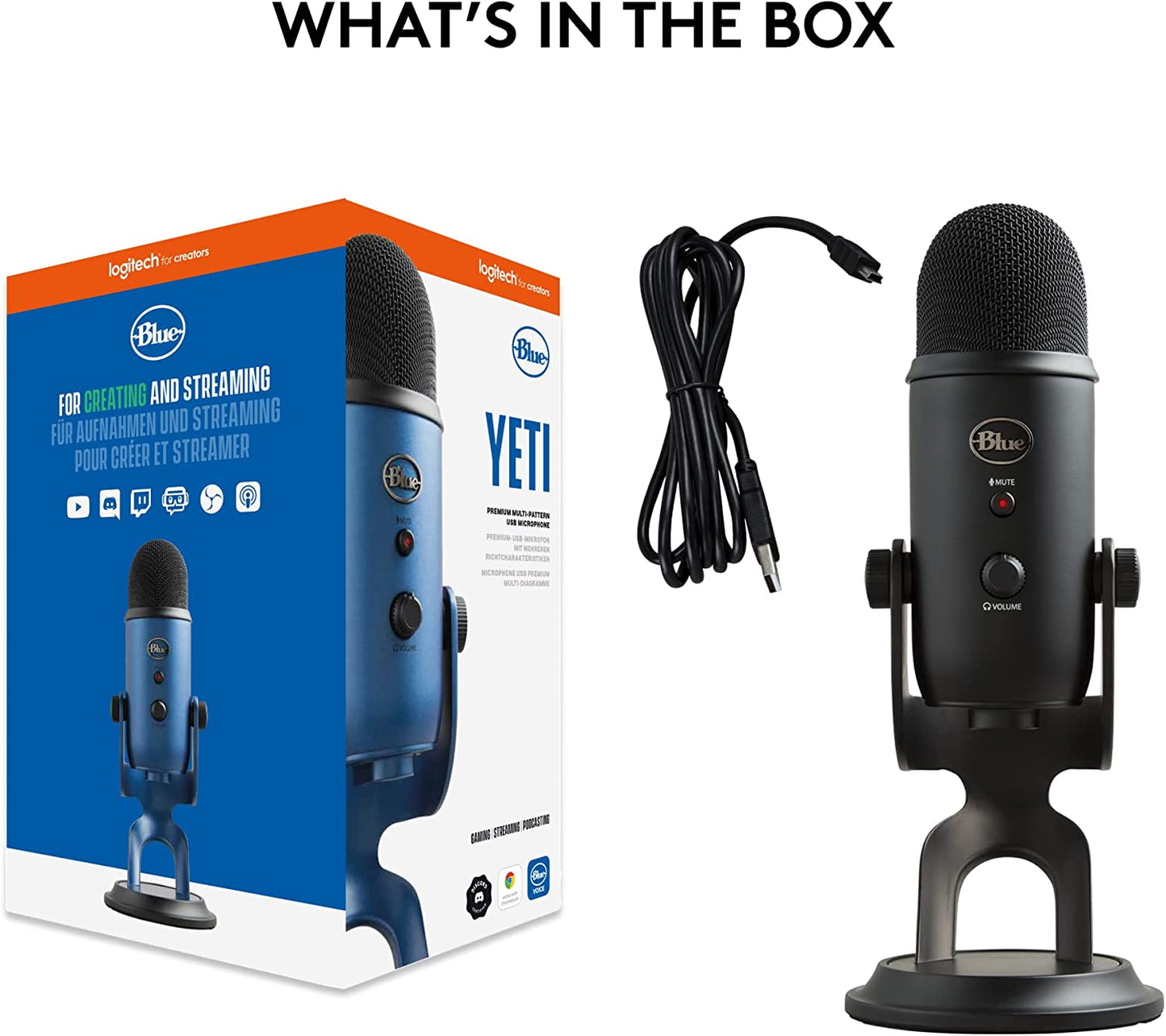 Logitech Blue Yeti USB Microphone for PC, Mac, Gaming, Recording, Streaming, Podcasting, Studio and Computer Condenser Mic with Blue VO!CE effects, 4 Pickup Patterns, Plug and Play – Blackout Blackout Microphone