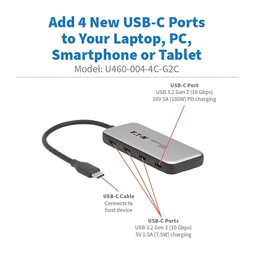 Tripp Lite Series 4-Port USB-C Hub, USB 3.2 Gen 2, 10 Gbps Data Transfer, 100W PD USB-C Charging Hub, Thunderbolt 3 Compatible, Plug-and-Play, Travel-Sized (U460-004-4C-G2C)